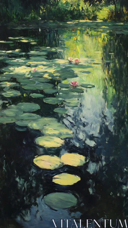 Sunlit lily pads drift across a tranquil forest pond.