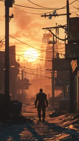 Armored wanderer walks ruined street at burning sunset.