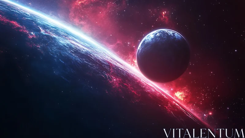 Digital painting of twin planets in luminous red nebula field.