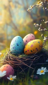 Colorful speckled eggs rest in a nest among spring flowers