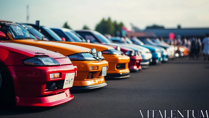 Vibrant row of modified sports cars at outdoor meet.