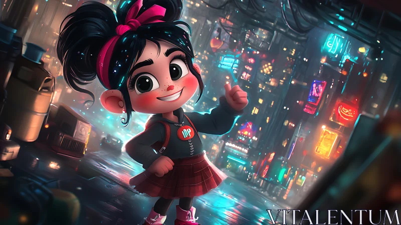 Neon-soaked alley crowns a fearless cartoon girl explorer