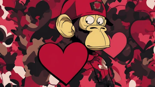 Vector chimp portrait nested in camouflage heart matrix.