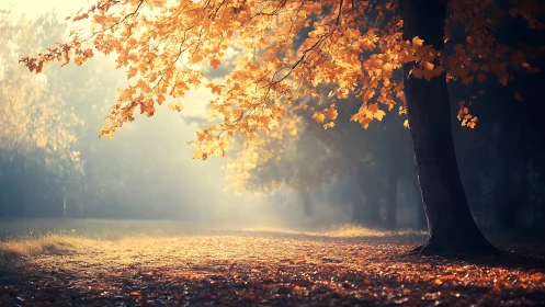 Amber leaves whisper over a mistlit autumn woodland path.
