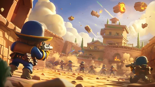 Toy soldiers storm a sunny fortress in playful chaos.