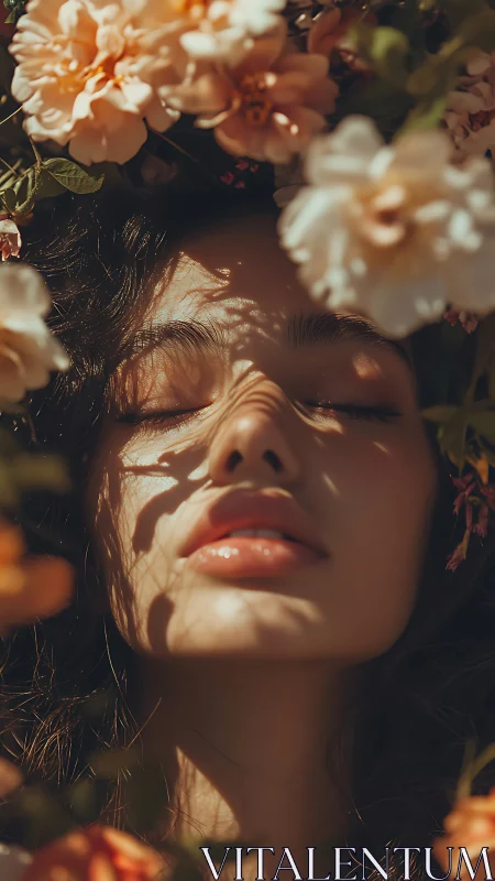 Sunlit female portrait framed by soft peach garden roses.