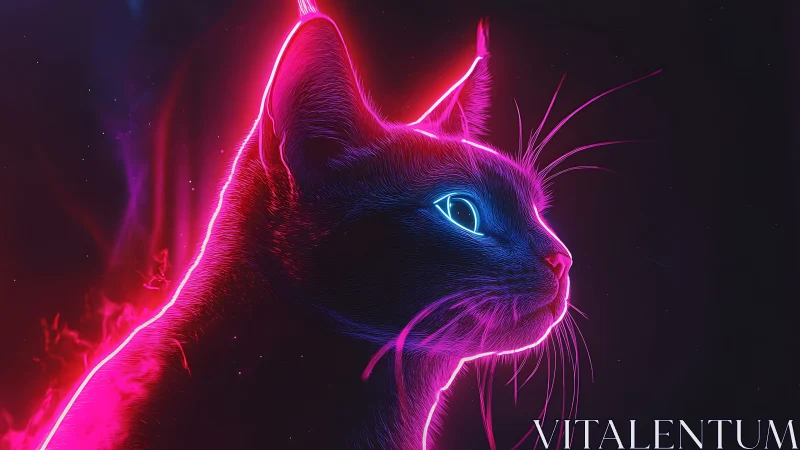 Neon outlined cat portrait with glowing blue eye profile.