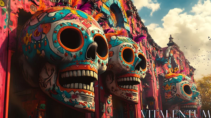 Colorful skull facade with Día de Muertos motifs, daylight.