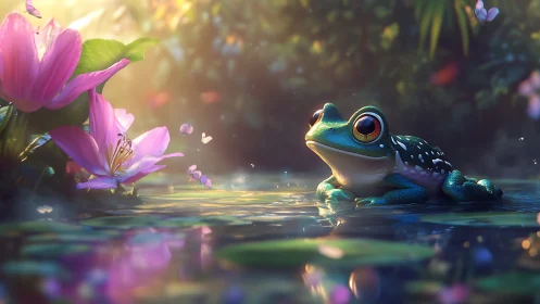 Dreamy frog rests by luminous lilies in a misty pond