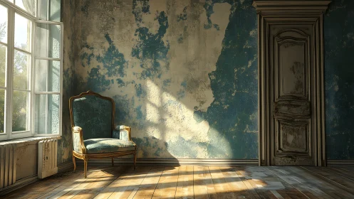 Sunlit vintage armchair in a weathered blue interior room.