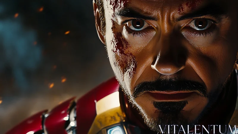 Close frontal view of armored male face with surface damage