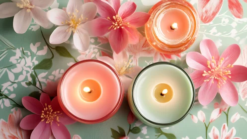 Top view floral candles on patterned pastel background.