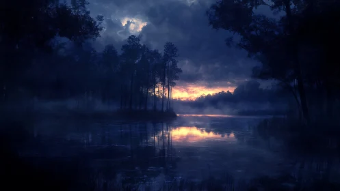 Forest lake reflects narrow sunset band beneath storm clouds