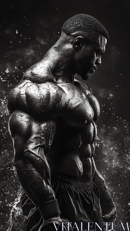 Muscular boxer profile in dramatic wet monochrome light.