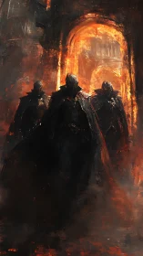 Armored figures emerging from fiery archway in ruins.