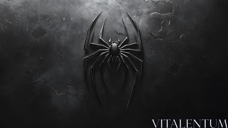 High gloss black spider emblem on distressed metal surface