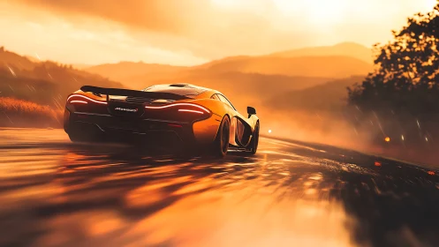 Orange sports car on wet road in low sun conditions.