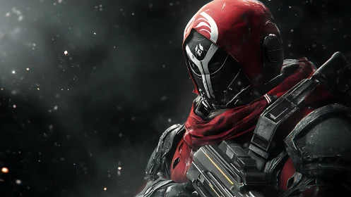 Armored sci fi soldier in red hood holding futuristic rifle.