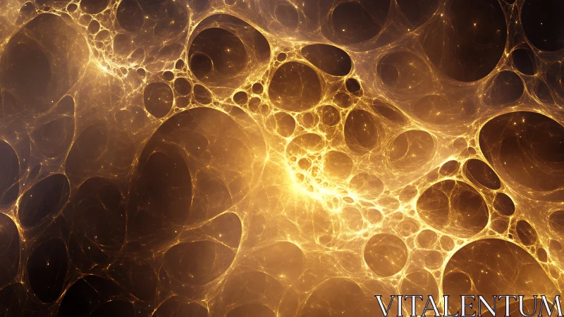 Golden fractal nebula glows through interconnected luminous voids