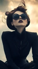 Wind-swept woman in bold black style owns the open sky