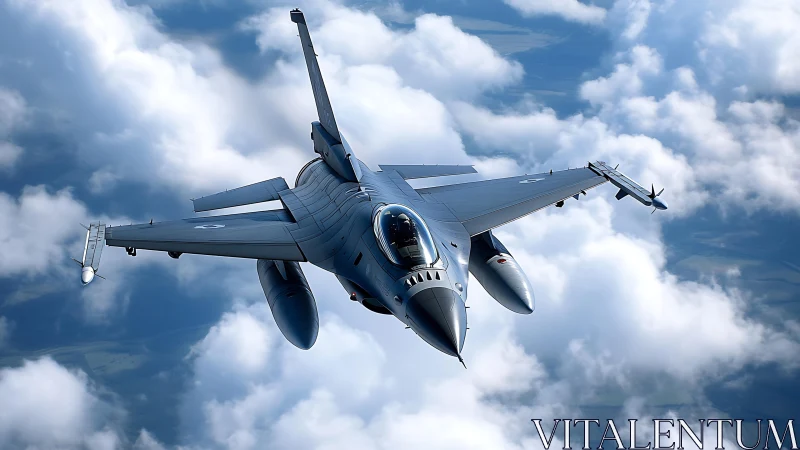 Modern single-seat jet fighter aircraft above clouds.