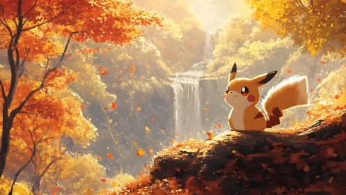 Pikachu enjoying a peaceful autumn overlook by a waterfall.