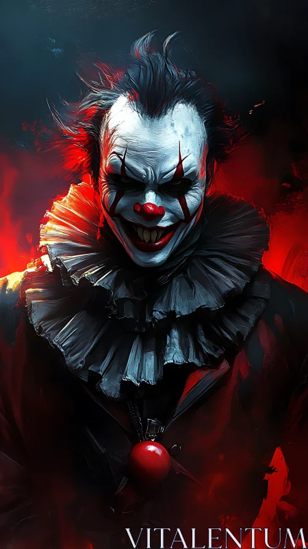 Sinister clown portrait framed by raging crimson fire.