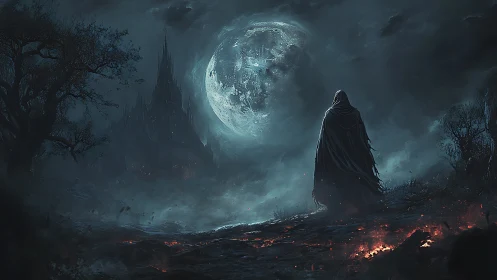 Cloaked wanderer surveys lunar-lit gothic citadel in ash