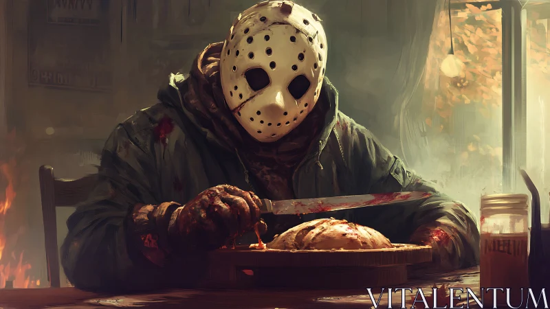 Masked slasher carves bread in a strangely homely diner.