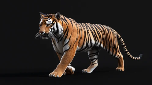 Midnight tiger stroll against a sleek shadow backdrop.