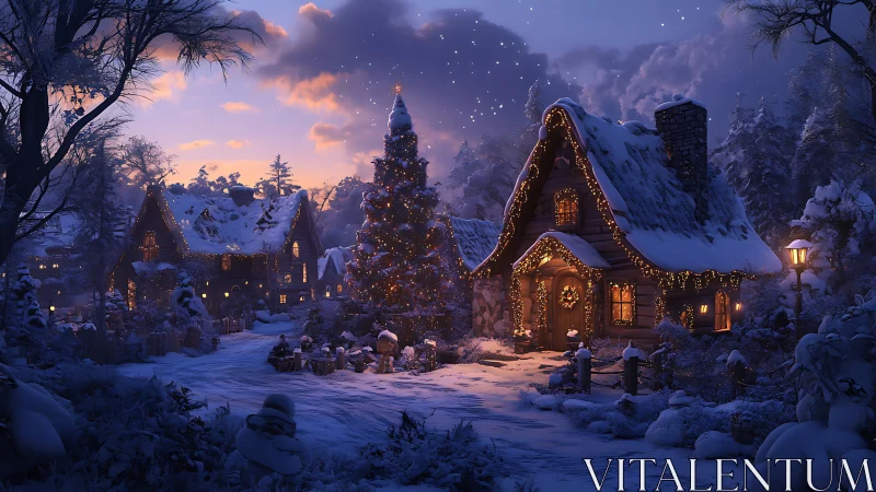 Snow-dusted cottage choir under twinkling winter starlight.