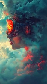 Surreal cyber aviator head emerging through neon storm clouds.
