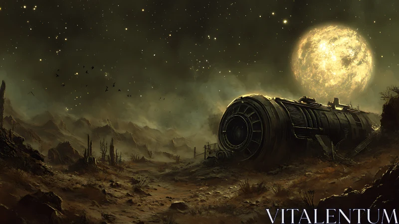 Crashed cylindrical spacecraft lies in barren alien desert