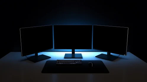 Triple monitor workstation in dark minimalist setup.