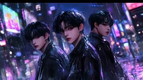 Triadic neon silhouettes in reflective cyber-urban rainfield.