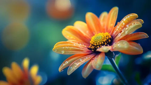 Orange Gerbera Daisy With Dew Drops.