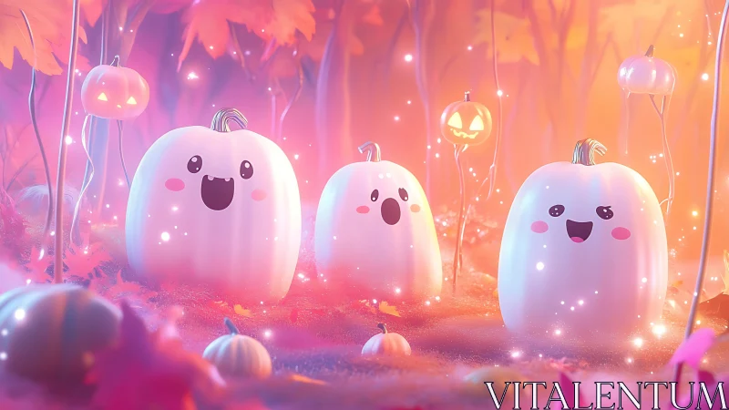 Glowing pumpkin friends share a magical twilight forest giggle