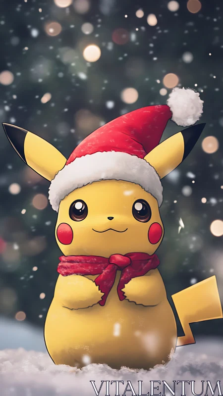 Pikachu in red Santa hat standing in snowy winter scene.