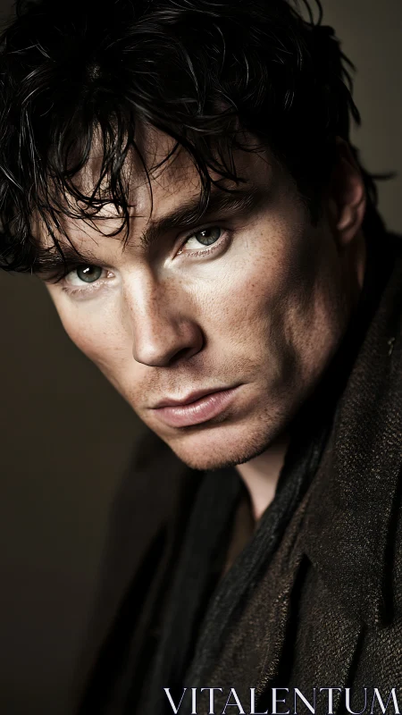 Intense close-up portrait captures brooding male gaze.