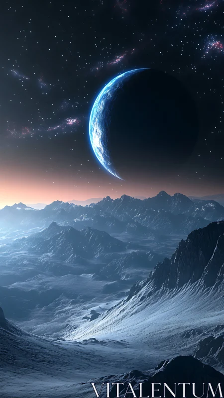 Frozen alien landscape under crescent planet glow at dusk.