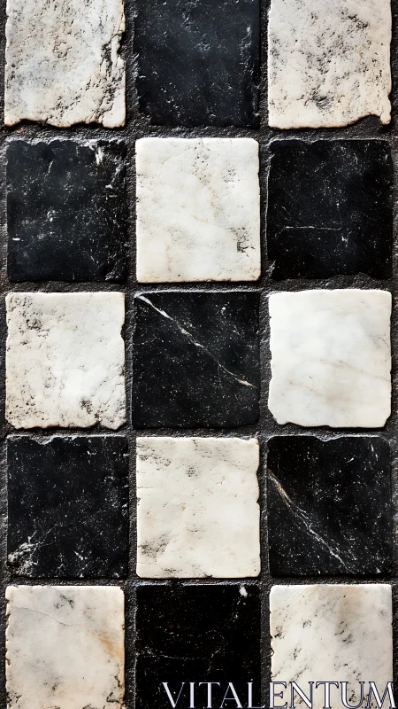Rough marble checkerboard tiles create bold geometric texture.