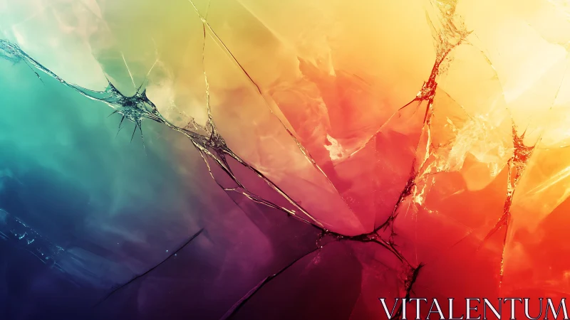 Abstract cracked glass with vibrant gradient colors digital art.