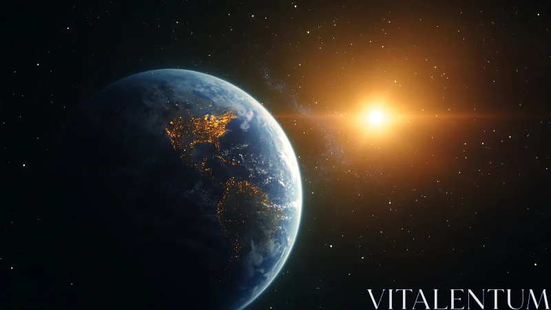 Earth terminator line and city lights are shown from orbit