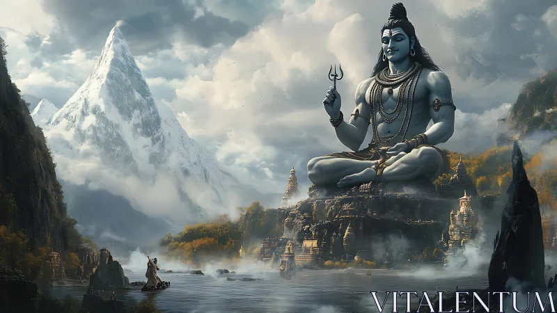 Mountain clouds crown Shiva as calm guardian of misted waters