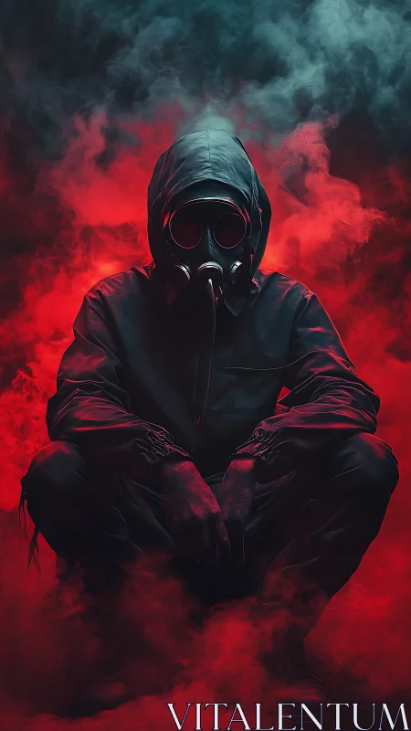Hooded survivor crouches in toxic red and teal smoke.