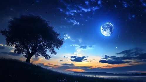 Lone hillside tree under luminous blue moonlit sky.