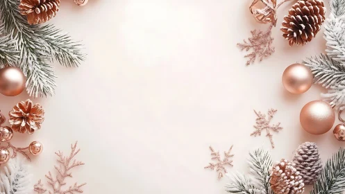 Frosty fir boughs with rose gold baubles framing winter calm.