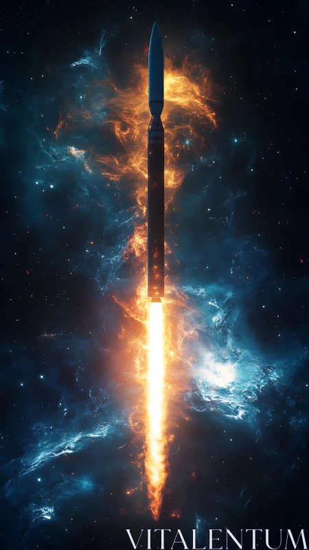 Rocket launches through deep space with bright fiery plume.