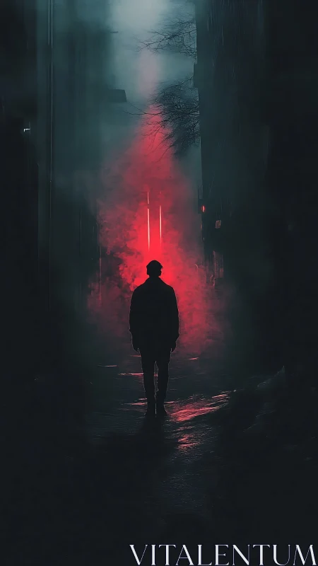 Silhouette strolls into neon fog where midnight quietly burns