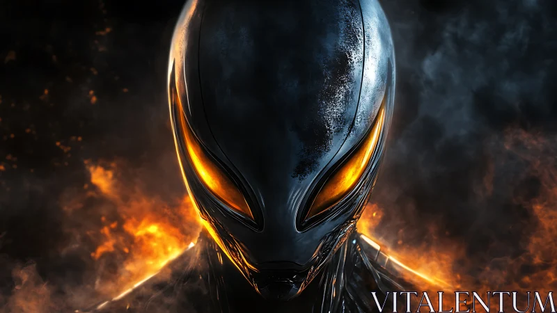 Molten-eyed alien sentinel rising through embers and smoke.